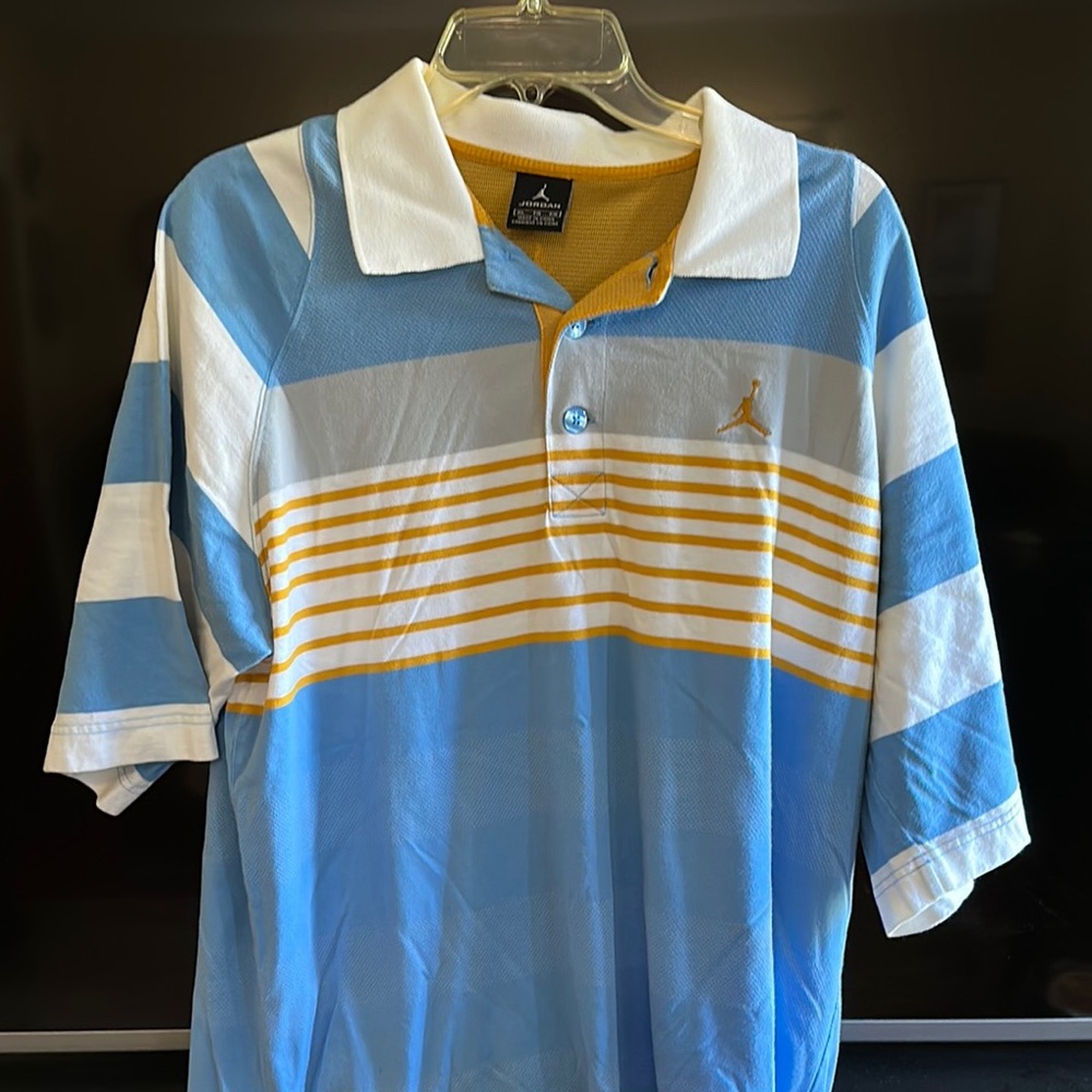 Jordan Men's Blue and White Striped Polo Shirt